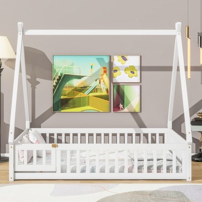 Grungis Full Size Tent-Shaped Floor Bed with Door,Modern Toddler Bed with Guardrails and Slats,Montessori Bed for Bedroom