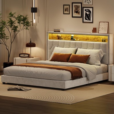Whizmax Upholstered Bed Frame with Headboard, Platform Bed with Charging Station, Bookcase, Lights, No Box Spring Needed, Quiet, Easy Assembly
