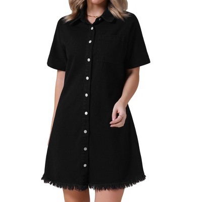 INSPIRE CHIC Women's Denim Button Front Frayed Hem Collared Short Sleeve Jean Shirt Dress