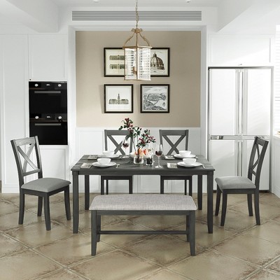 Modernluxe 6-Piece Kitchen Dining Table Set Wooden Rectangular Dining Table with 4 Dining Chairs and a Bench