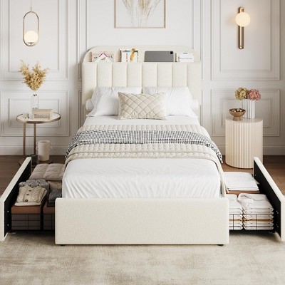 Twin Bed Frame with Storage Headboard, Kids Bed Frame with 2 Drawers, Boucle Upholstered Platform Bed with Bookcase, No Box Spring Needed