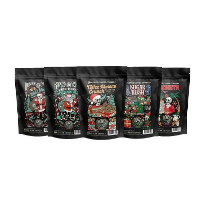 Bones Coffee Company Holiday Favorites Sample Pack Whole Bean, Assorted Flavors (4 oz Pack of 5)