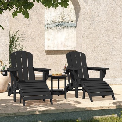 Outdoor 5-Piece Patio Conversation Set with 2 Folding Ottomans,Double-Tier End Side Table  and 2 Adjustable Plastic Patio Adirondack Chairs