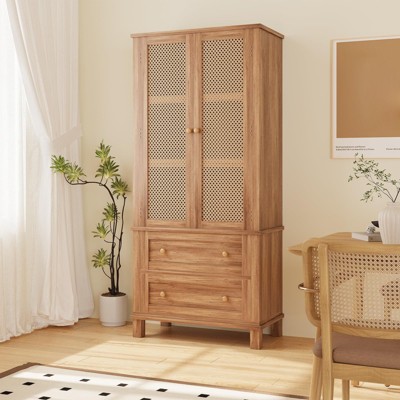 64" Kitchen Pantry Storage Cabinet, Buffet Cupboard Cabinet with Rattan Door & Adjustable Shelves, Freestanding Bathroom Cabinet For Living Room