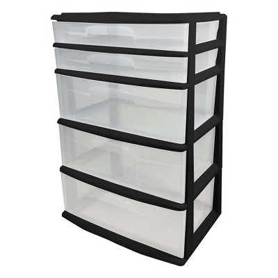 Homz Extra-Wide Plastic Storage and Organizer Tower with 5 Clear Drawers for Home, Office, Classroom, Craft, Art Supplies, Clothes, Black Frame