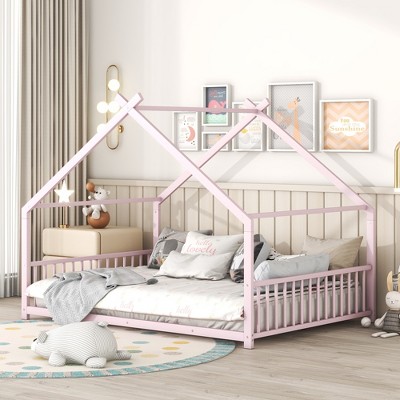 Full Size Metal House Bed with Roof for Bedroom