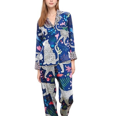 Anna-Kaci Lounge Women's Satin Leopard and Botanical Print Pajama Set with Button Up Long Sleeve Shirt and Relaxed Fit Pants