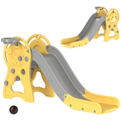 Qaba Toddler Slide, 3 in 1 Slide for Kids Aged 1-3 Years, Indoor Slide with Basketball Hoop, Climber, Duck Pattern, Yellow