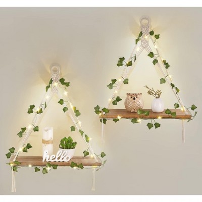 Aoibox Set of 2 Macrame Hanging Shelves with LED Lights and Artificial Ivy for Wall Decor, White Wood Floating Shelf
