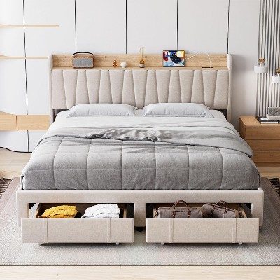 Upholstered Bed Frame with Storage Headboard and Charging Station, Heavy Duty Platform Bed with Drawers, No Box Spring Needed