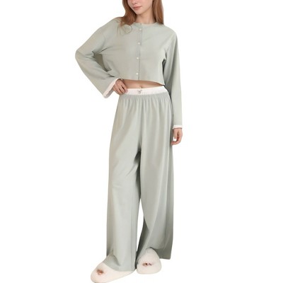Anna-Kaci Lounge Women's Cropped Button-Up Long Sleeve Pajama Set with Contrast Trim and Wide Leg Pants