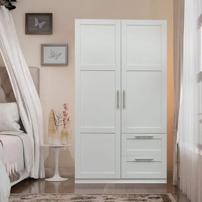 ORRD Tall Wardrobe & Kitchen Cabinet with 2 Doors, 2 Drawers & 5 Storage Spaces, White