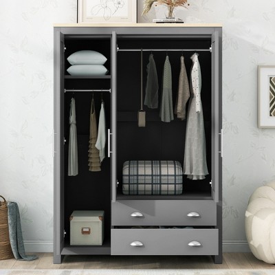 TIRAMISUBEST 3-Doors Wooden Rattan Wardrobe Storage for Bedroom - Mobile Lateral Filing Cabinet, Locking Wheels, Adjustable Shelf