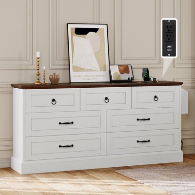 59inche Wide Farmhouse 7 Drawers Dresser Wood Rustic Drawers with Nice Texture Vintage Design Storage Dressers Organizer White