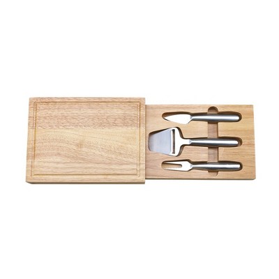 Slickblue Rectangular Rubberwood Cheeseboard with Pullout Drawer, 3 Cheese Tools – Stainless Steel