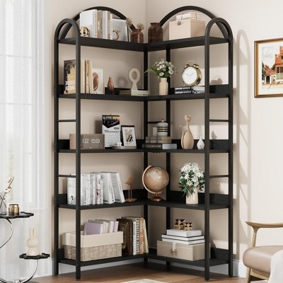 Industrial L-Shaped Corner Bookshelf, 5-Tier Arched Metal Frame Bookcase 68.5" Tall Large Corner Display Shelf for Living Room Bedroom, White