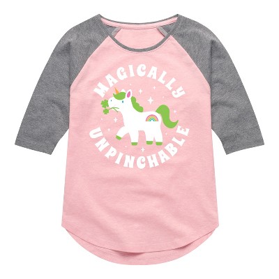 Girls' - Instant Message - St. Patrick's Day Magically Unpinchable Unicorn Shirt Tail Raglan Graphic T-shirt