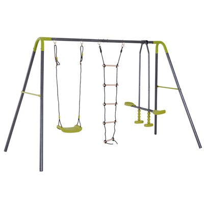 TopComfy Playground Swings 3 in 1 Metal Swing Set with Climbing Ladder for Backyard Fun, Gray, 116.25"*54.25"*69"