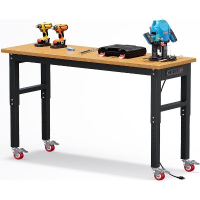 60" Adjustable Work Bench with Wheels, 2200 Lbs Capacity Bamboo Wood Top Workbench, Work Station Table for Garage, Workshop, Home, Office