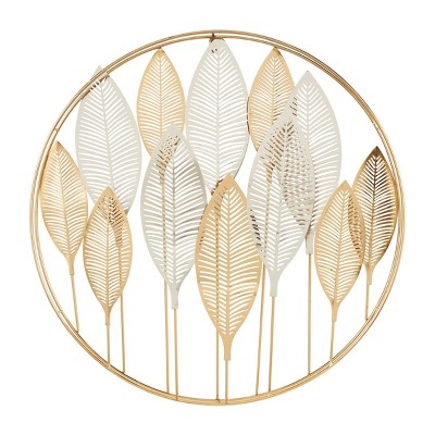 26"x26" Metal Leaf Metallic Wall Decor with Circular Frame and Silver Accents Gold - Olivia & May