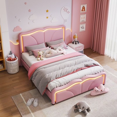 NicBex Twin/Full Size Upholstered Platform Bed with Curve Shaped and Height-adjustbale Headboard,LED Light Strips