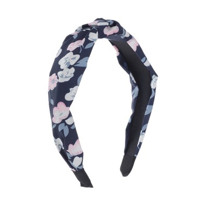 Unique Bargains Grace Ink Flower Pattern Wide Cross Knot Headbands Navy Blue 1 Pc
