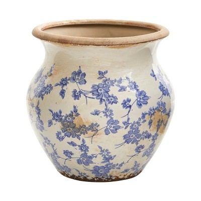 Nearly Natural 10.5-in Tuscan Ceramic Blue Scroll Urn Vase