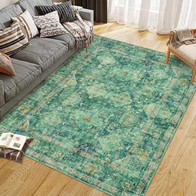Oriental Diamond Print Area Rug - Vintage Distressed Colors,Low-Pile,Washable,Non-Slip,Rugs for Living Room,Bedroom, Kitchen