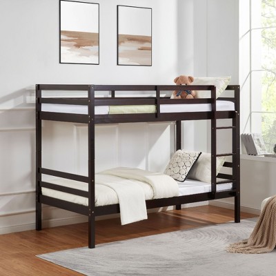 Twin over Twin Bunk Bed with Ladder,Wooden Bunk Bed with High Guardrail,No Box Spring Needed,White