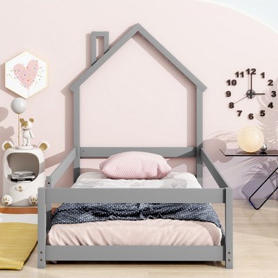 CAVINAS Kids Montessori Bed with House-Shaped Headboard,Floor Bed with Armrest,Twin Size,Gray/White/Pink/Green/Blue/Brown