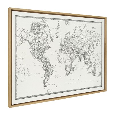 Kate and Laurel Sylvie Vintage Black and White World Map Framed Canvas by The Creative Bunch Studio