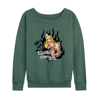 Women's - Bratz - Hearts & Flames in a Frame Lightweight French Terry Wide Neck Long Sleeve Graphic Shirt