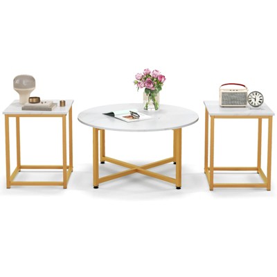 Costway 3 PCS Coffee Table Set Round Coffee Table and 2PCS Square End Tables Metal Frame White/Gray/Walnut