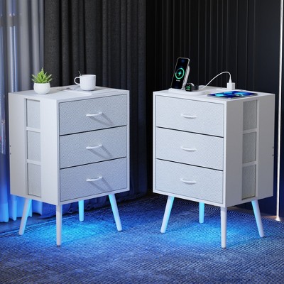 Kumasinova Wood Nightstand with Charging Station,Night Stand Set 2 with LED Lights,Nightstands with 2/4/6 Fabric Drawers,Bedside Table for Bedroom