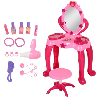 INFURNIC Doll Playsets Kids Vanity Set with Mirror and Stool, Girls Makeup Table with Light and Sound, 15 Accessories, Pink, 19.10"*4.10"*24.00"