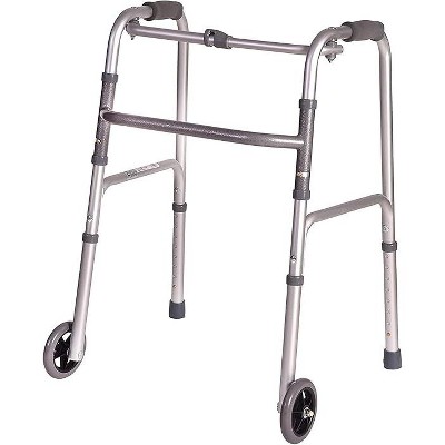 DMI Lightweight Aluminum Folding Walker with Single Release, 5 Inch Wheels, Adjustable Height, No Assembly Needed, Silver, 250 lb Weight Capacity