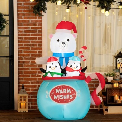 Whisen 5ft Christmas Inflatables Outdoor Decorations Blessed Polar Bear and Penguins in the Cup, Blow-Up LED - Blue