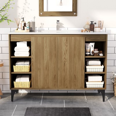 HYLEORY 48" Bathroom Vanity with Basin, Bathroom Storage Cabinet with Two Doors and open shelf, Solid Frame