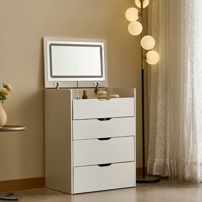 Vanity Desk with Flip Mirror and LED Light Compact Storage Table with Drawers for Small Bedrooms-3irtyhousy