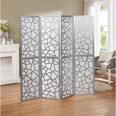 Roundhill Furniture Giyano 4 Panel Screen Room Divider, Silver