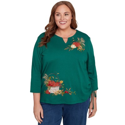 Alfred Dunner Womens Plus-Size Asymmetric Pumpkin Split Beaded Top,Hunter,Size 3X