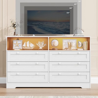 Dresser for Bedroom with 6 Drawers, Modern Wooden Bedroom Dressers with Power Outlet and Led Lights, 55 Inch Wide TV Dresser for Home Office
