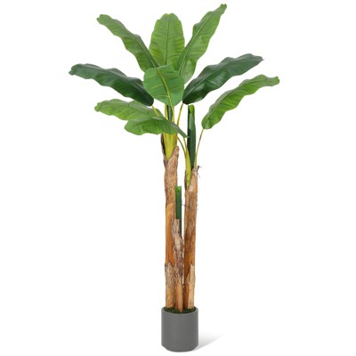 homfan Artificial Banana Tree, 5FT Faux Banana Tree with Grey Planter, Artificial Plants with 11 Faux Banana Leaves Plant for Home Office Decor