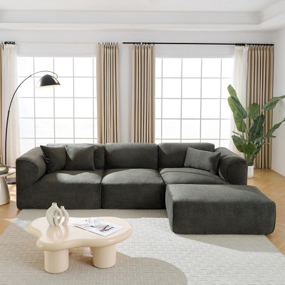 Velvet 4-Seater Sofa with Ottoman, Deep Seat Cushions, Modern Luxury Sectional for Living Room, Apartment or Lounge-The Pop Home