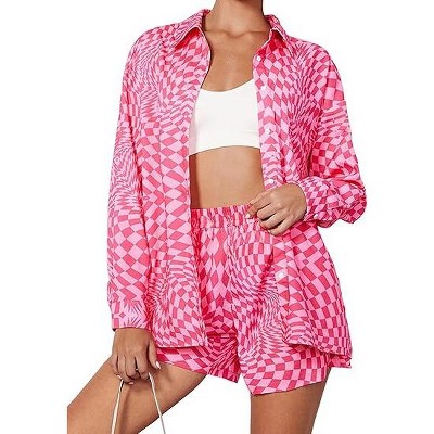 Womens Button Down Shirts and Shorts Set Two Pieces Pajama Set Summer Casual Long Sleeve Outfits with Pockets