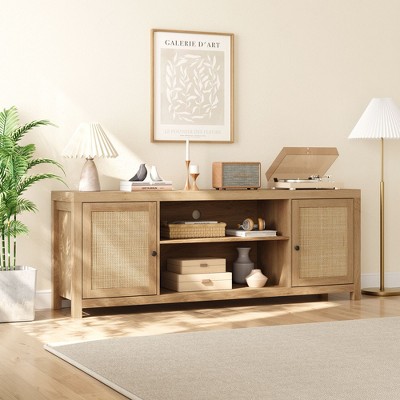TV Stand, Farmhouse Entertainment Center with 2 Natural Rattan Doors and Height Adjustable Shelves, Modern Media TV Console for Living Room, Bedroom