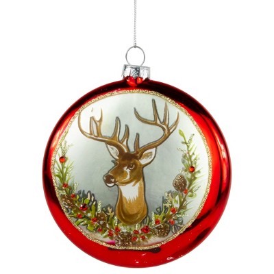 Northlight Glittered Reindeer with Wreath Glass Disc Christmas Ornament - 4"  - Red
