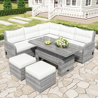 5-Piece Outdoor Rattan Furniture Set Patio Conversation Set with Recliners, Adjustable Table & Ottomans-- Frevyn