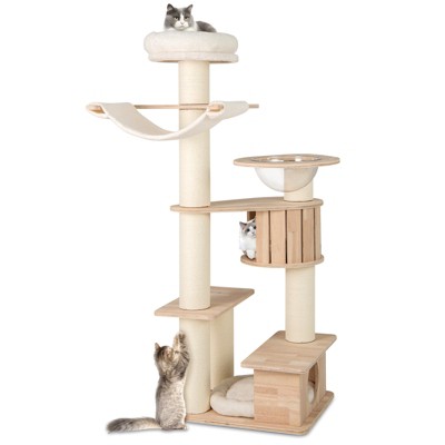 Tangkula 69" Tall Cat Tree Wooden Kitten Tower w/ 2 Condos Cozy Top Perch Space Capsule