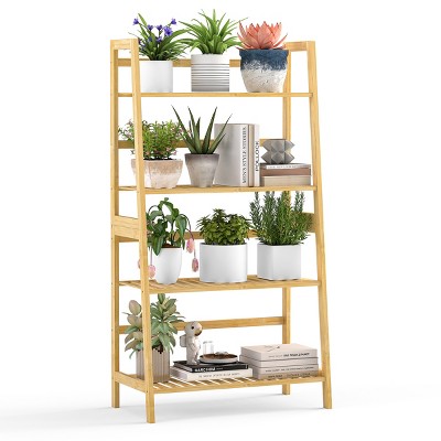 SUGIFT 4-Tier Bamboo Ladder Shelf Multipurpose Plant Display Stand Storage Bookshelf